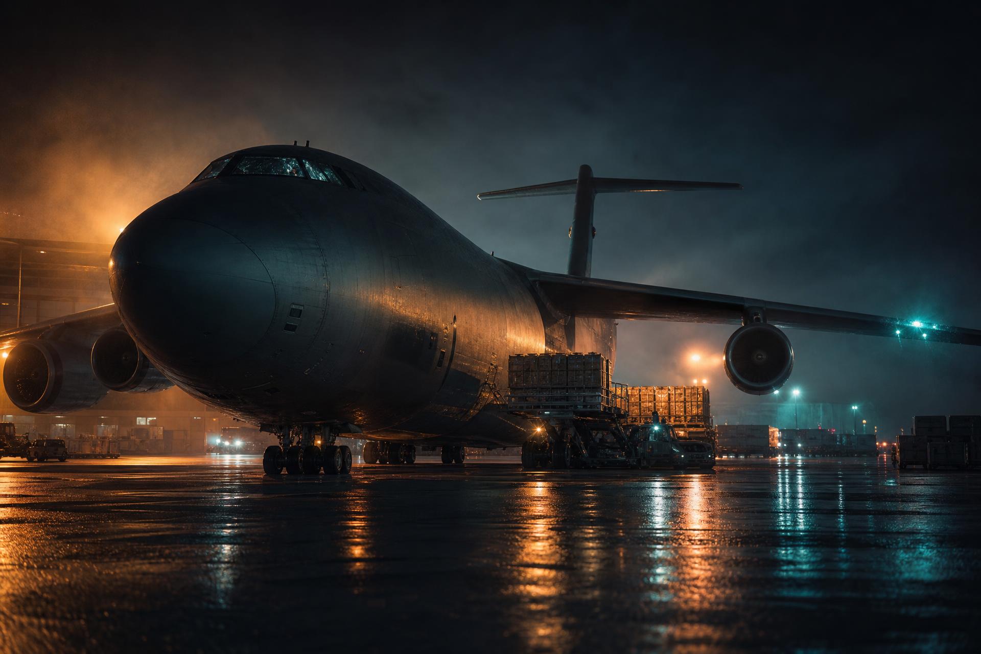 Cargo aircraft on runway with air containers