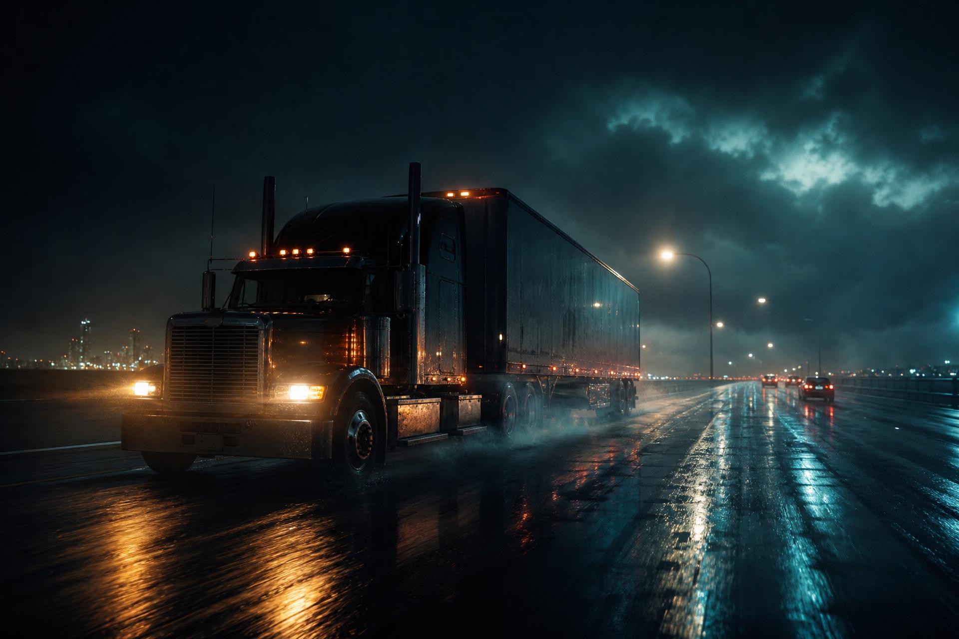 Highway truck in a logistics corridor at dawn